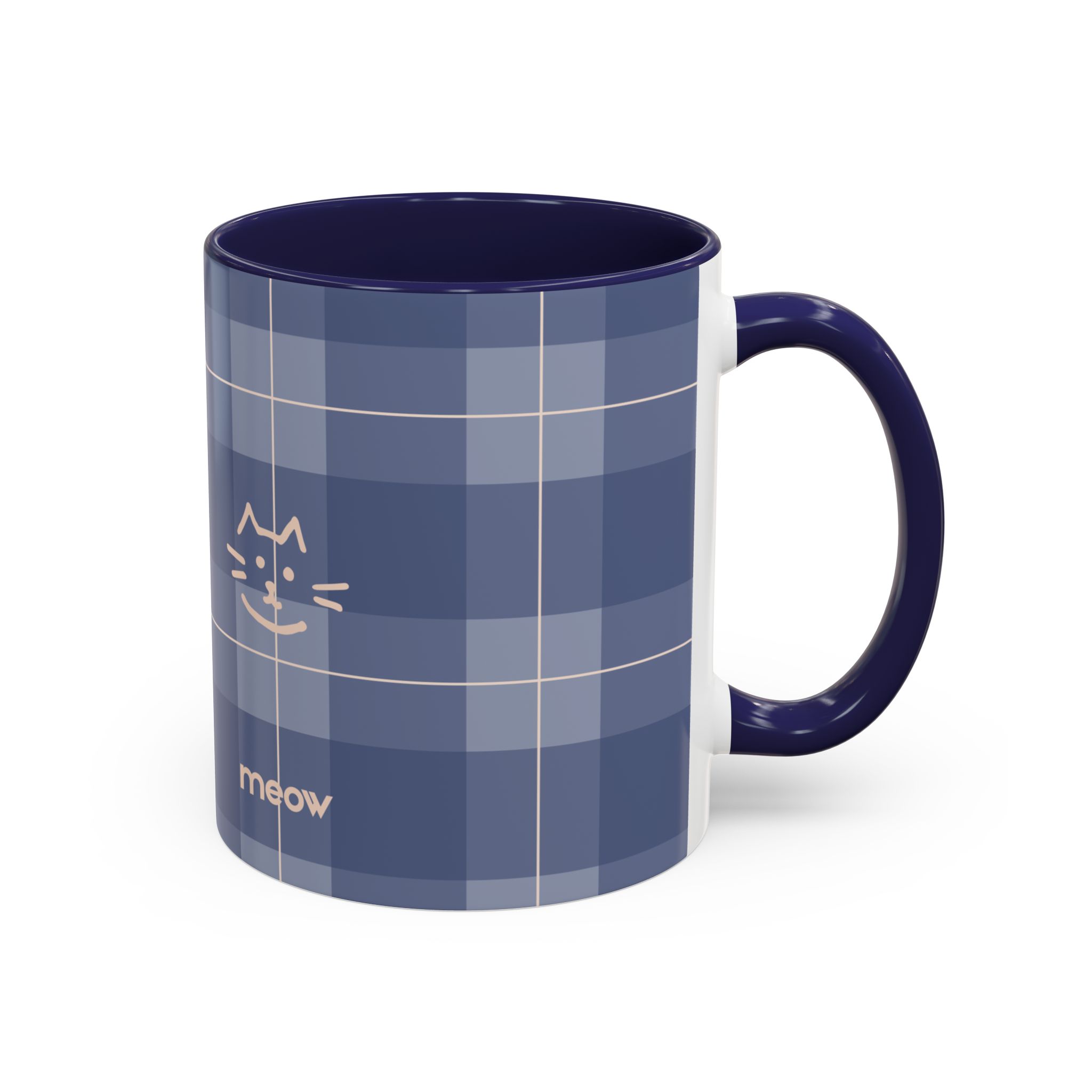 Cat Themed Accent Coffee Mug | Stylish Blue Plaid | Perfect Gift for Cat Lovers, Pet Owners, Birthdays, Home Decor, Meow